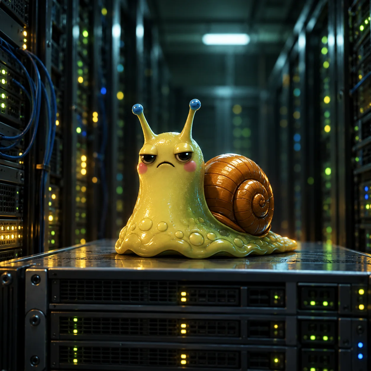 DOOMSLUG, a yellow slug with an orange shell sitting in a server room