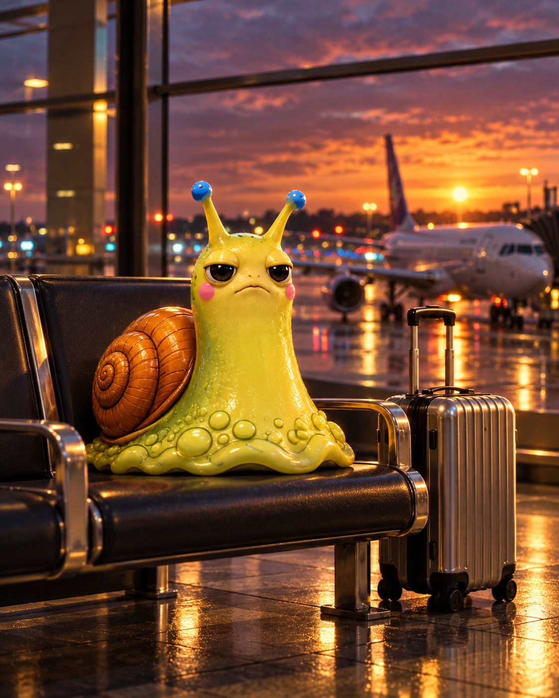 DOOMSLUG waiting at an airport gate with luggage at sunset