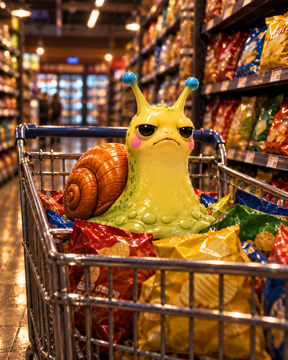 DOOMSLUG riding a shopping cart full of snacks in a supermarket