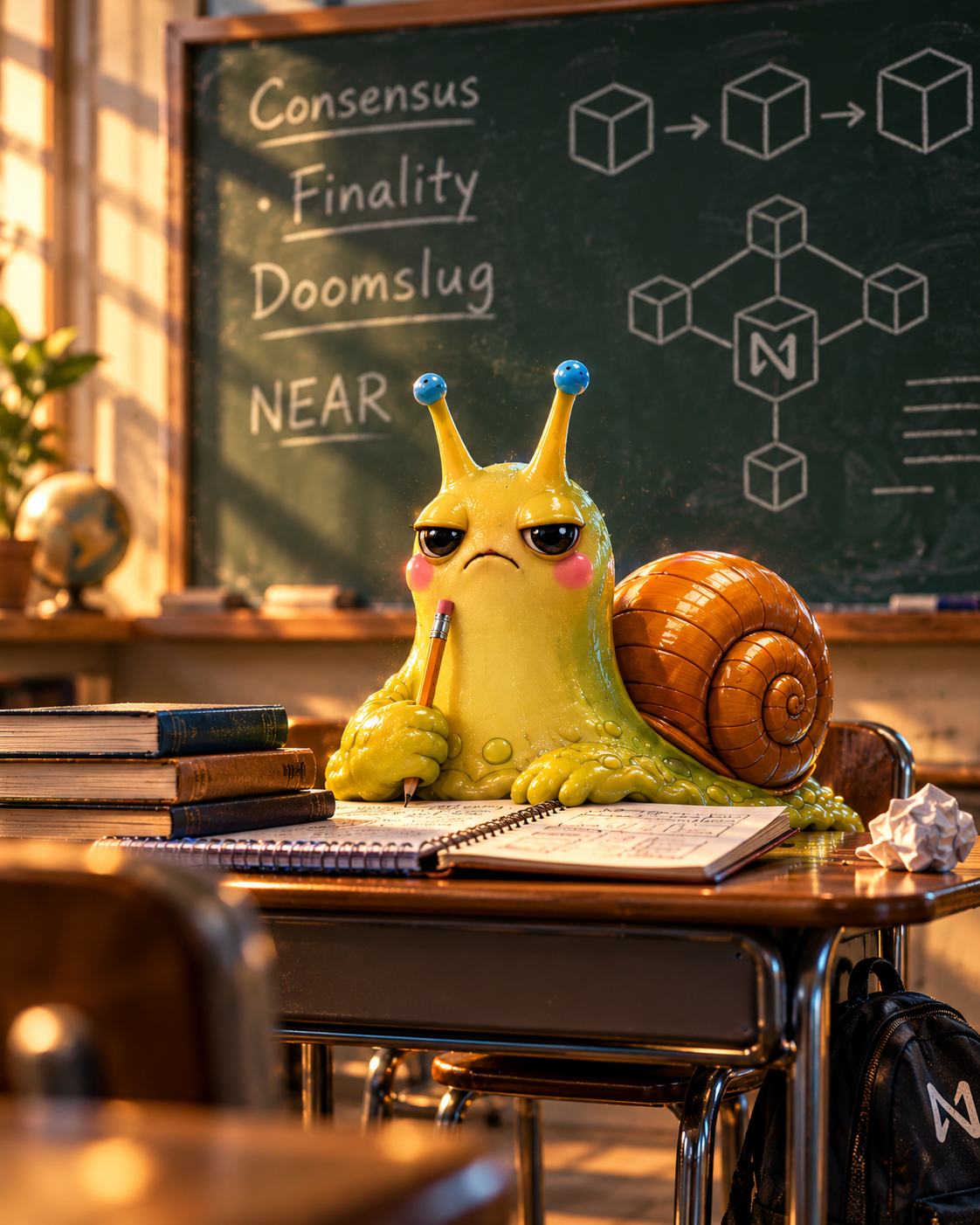 DOOMSLUG taking notes in a classroom with consensus and NEAR written on the chalkboard